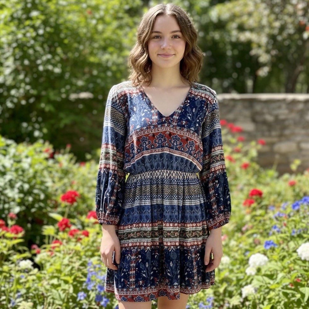 Hollister Boho Multicolor Mixed Print Long Sleeve Dress Open-Tie Back Size S